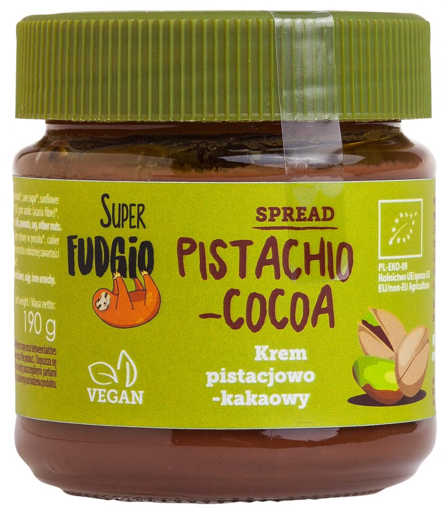 Crema tartinabila de ciocolata cu fistic si cacao, bio, 190g, Super Fudgio